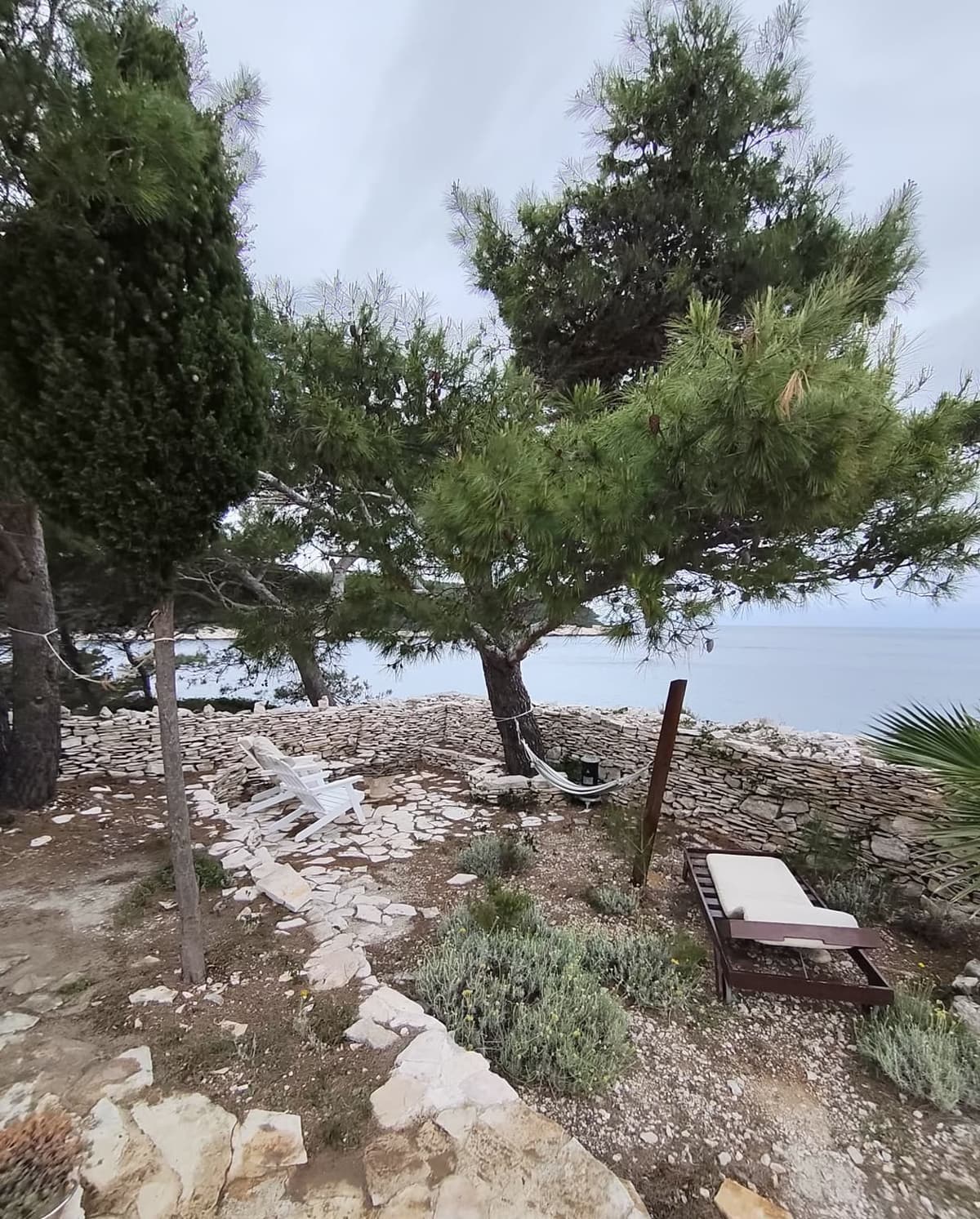 Sun lounger between pine trees by the coast