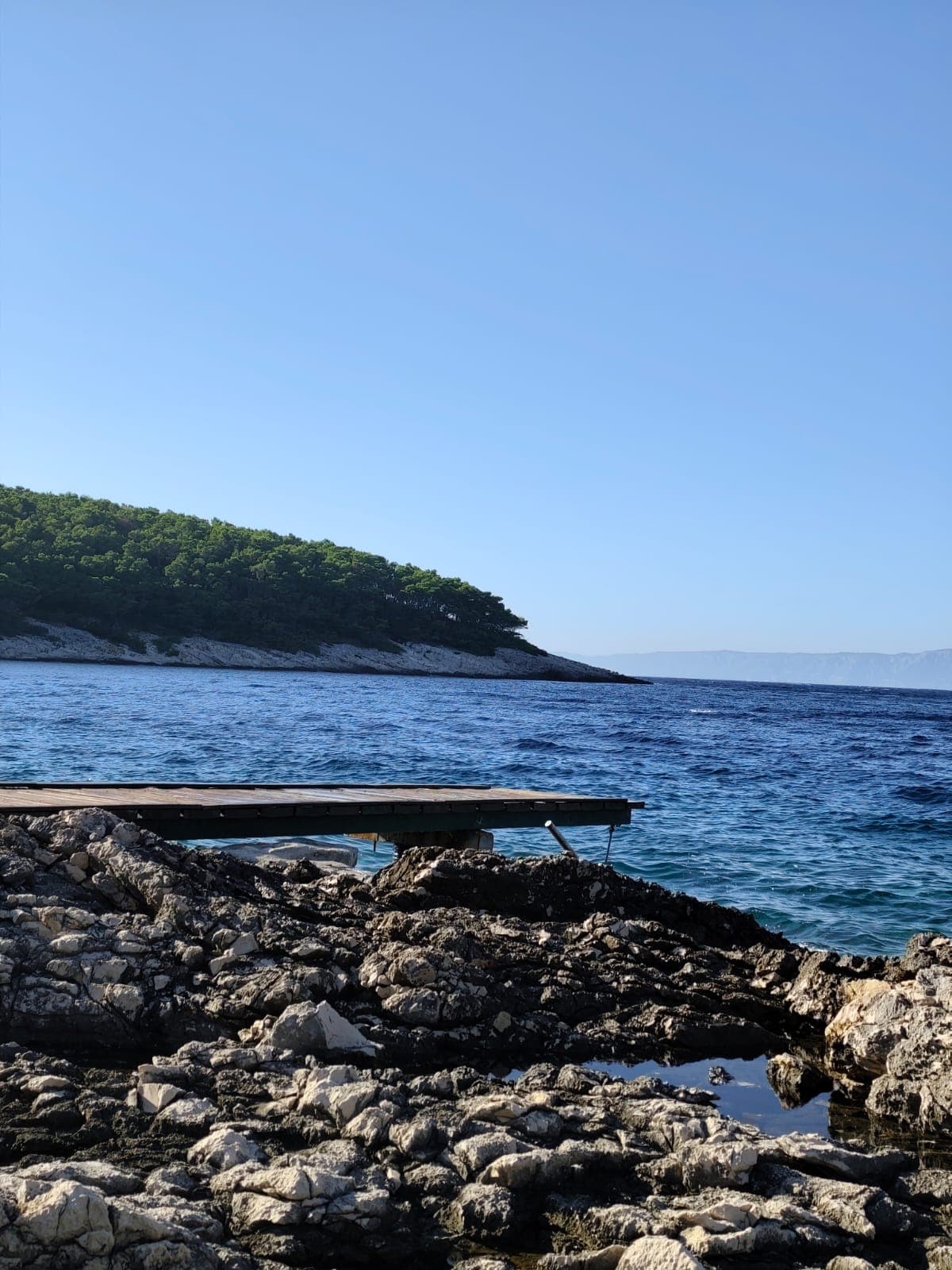 Coastal dock and rocky beach