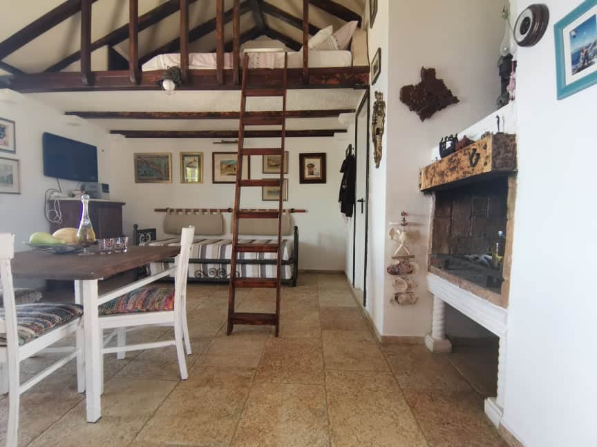 Cabin sitting area with loft view